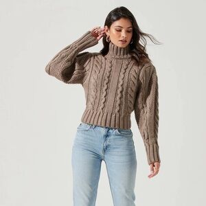 NWOT ASTR REVOLVE Taupe Brown Cable Knit Turtleneck Cropped Sweater, Size M